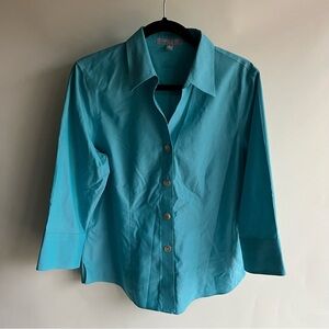 Foxcroft Button Up Shirt Blouse Sz 12 Women’s 100% Cotton Fitted Turquoise EUC